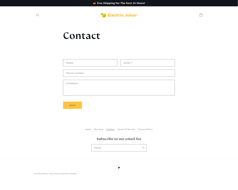 screenshot of the Contact Us Page of this demo website