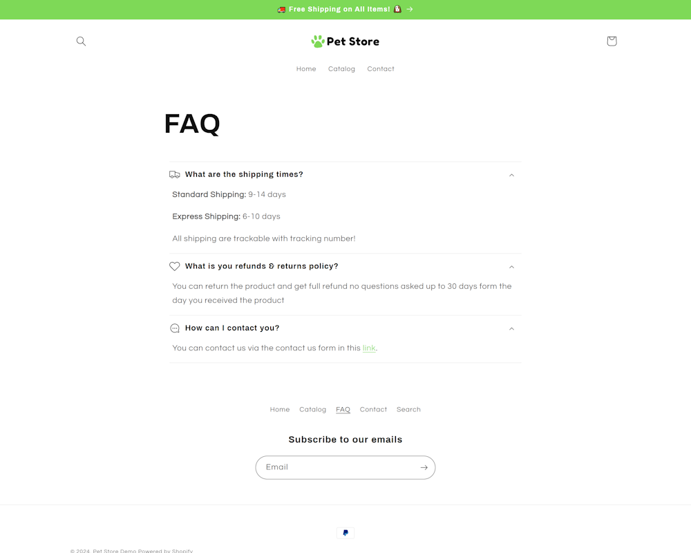 screenshot of the FAQs Page of this demo website